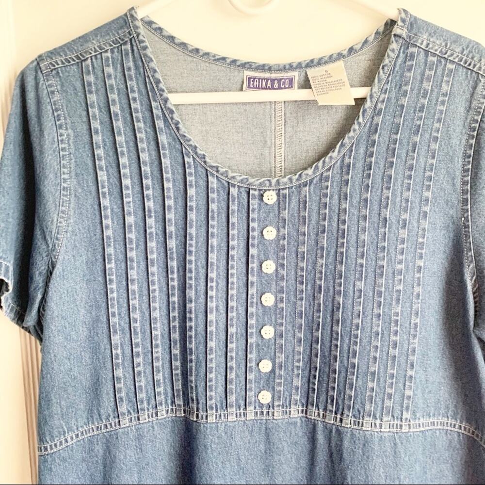 VTG Cottagecore Denim Maxi Dress 1980s White Flower Buttons Oversized Prairie S - Picture 6 of 14